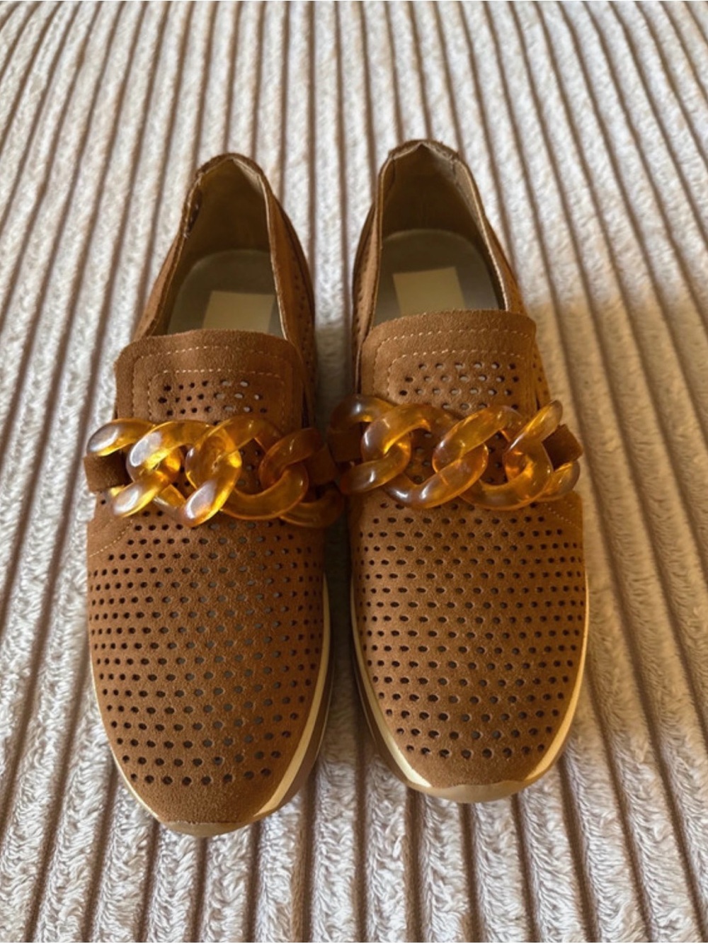 Dolce Vita Tan Perforated Slip-On Sneakers with Amber Chain Accent